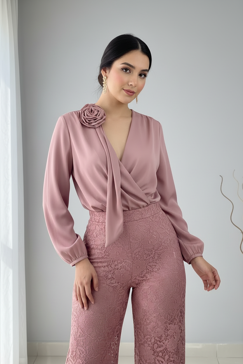 Conjunto Rosa Palo Top Cruzado Manga Globo Rosa 3D Palazzo Encaje C321
