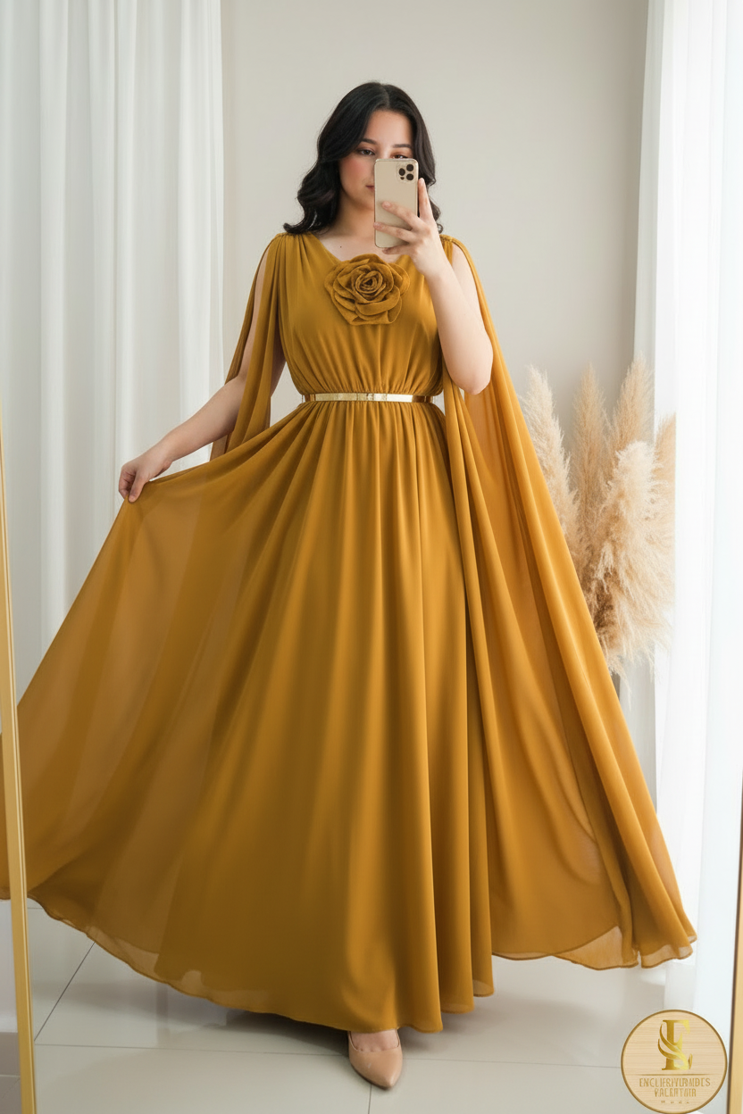 Vestido Mostaza Chiffon Mangas Abiertas Rosa D cod.0096