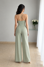 Enterizo Verde Sage Bustier Perlas Drapeado Lateral Pantalón Recto cod.E0004
