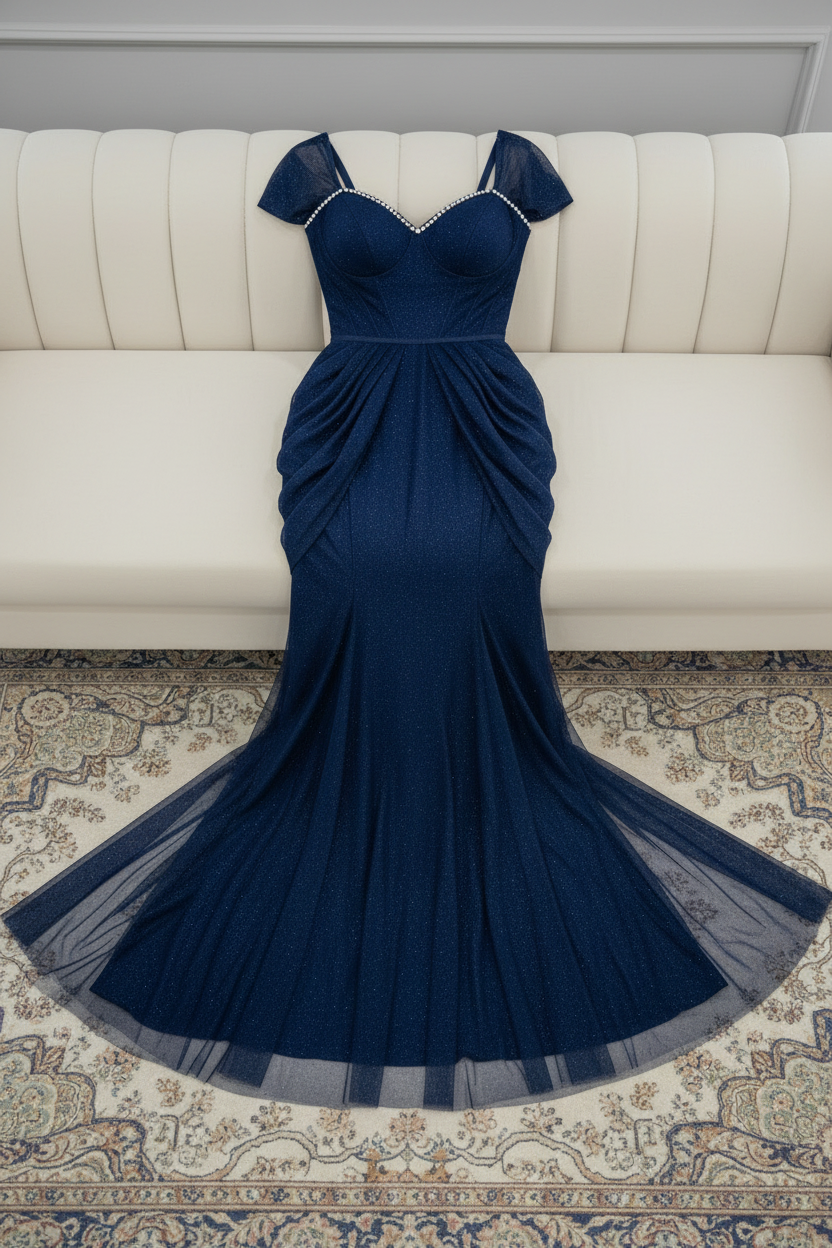 Vestido Azul Marino — Tul con Destellos, Pedrería y Drapeado Pétalos cod.V629