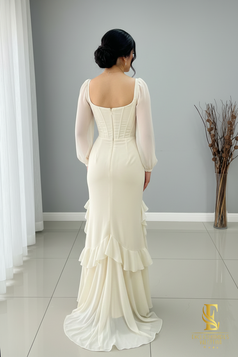Vestido Ivory Corset Manga Chifón Sirena con Volantes cod.V289