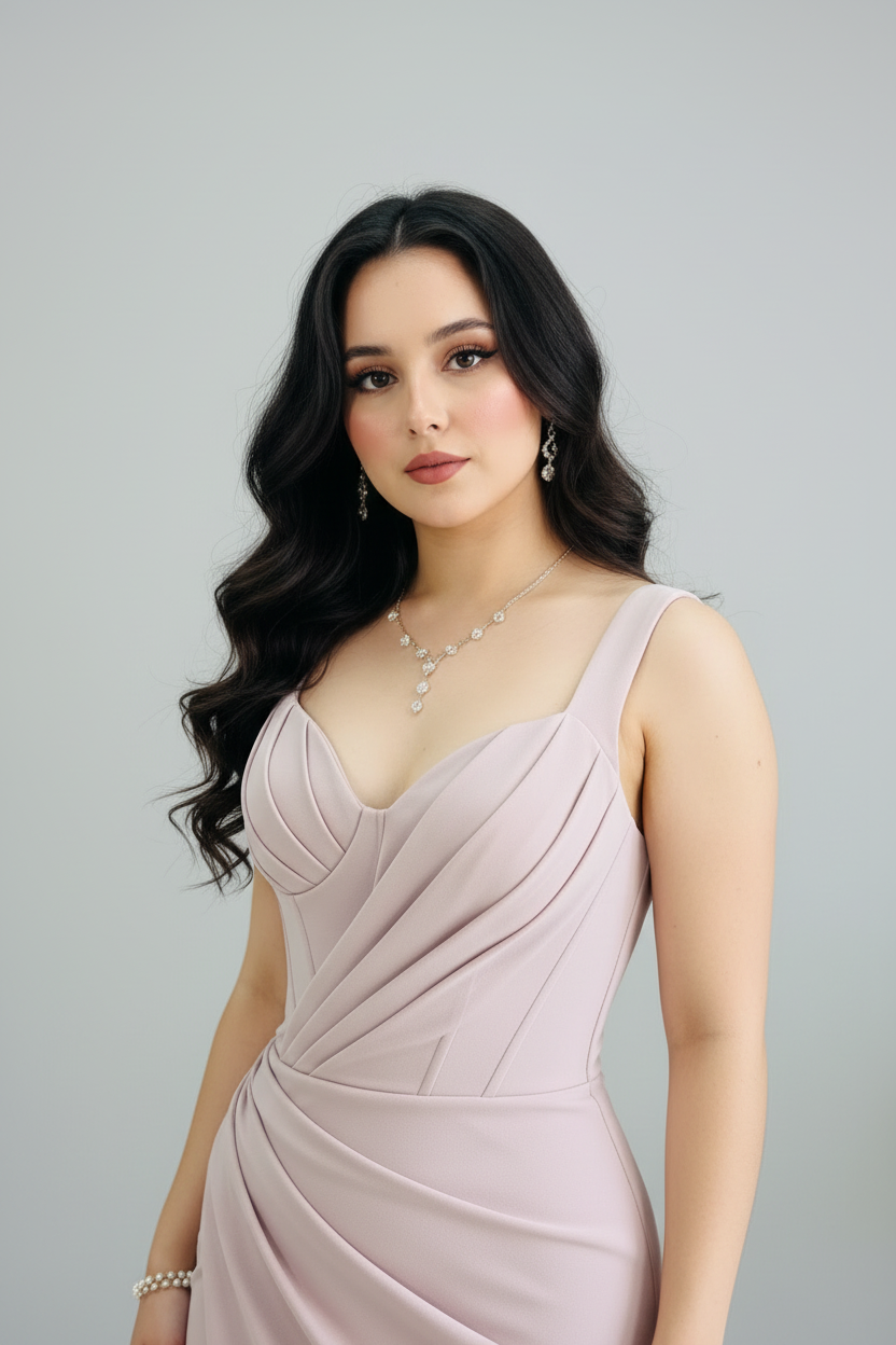 Vestido Formal Blush Rosa Palo Escote V con Drapeado Diagonal y Abertura Frontal cod.559