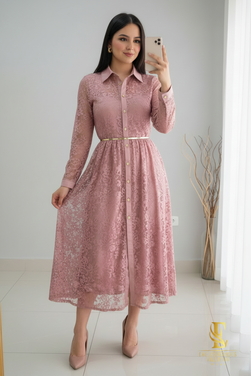 Vestido Rosa Palo Encaje Camisero Midi con Cinturón Dorado cod.V293
