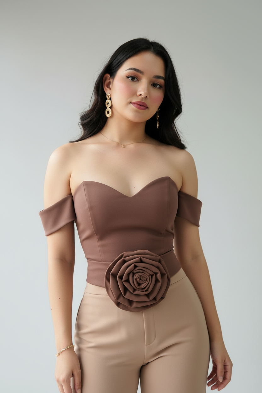 Conjunto Rose Bardot – Top Off Shoulder Corazón & Pantalón Beige cod.668