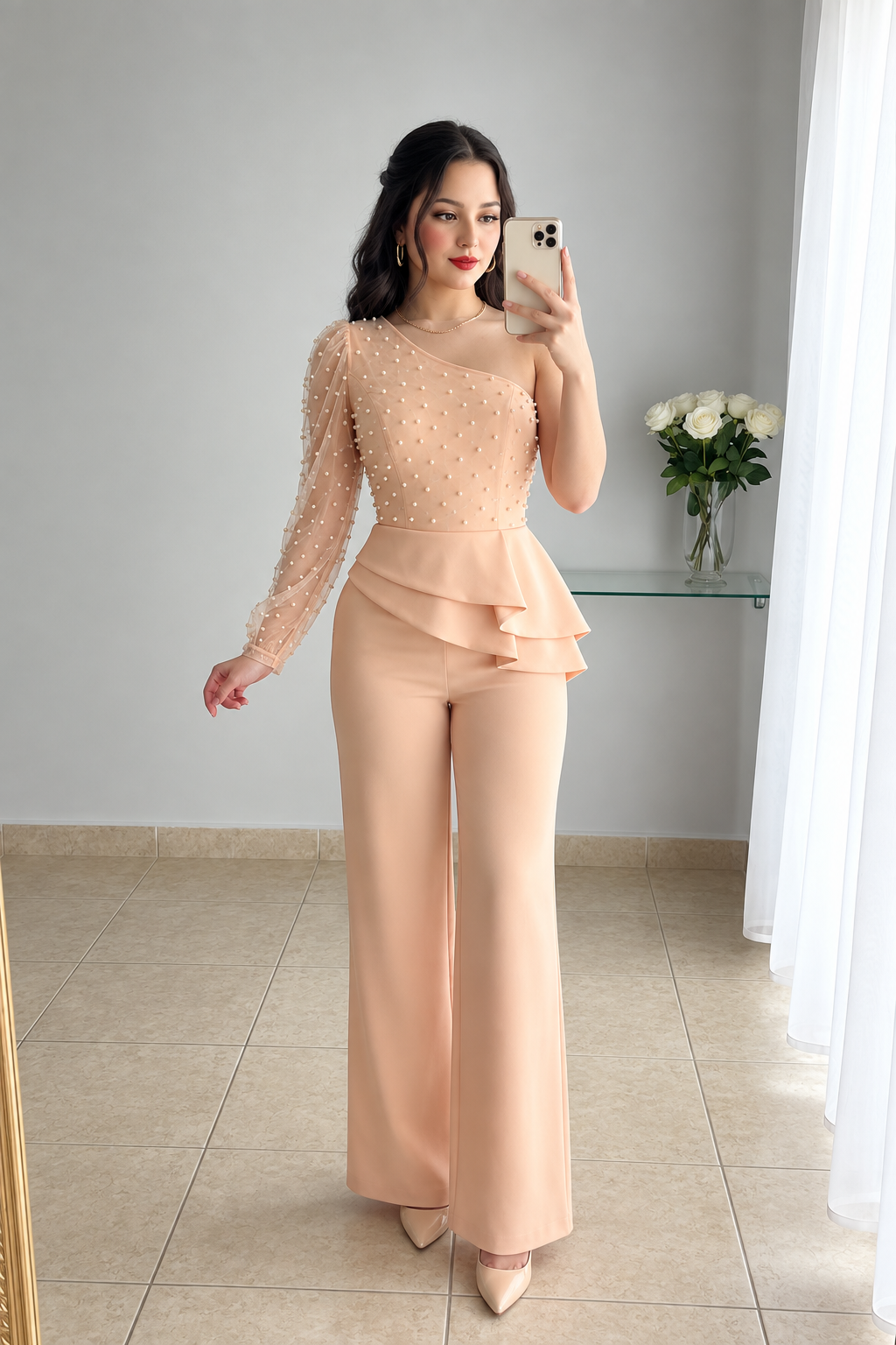 Enterizo Melocotón Tul Perlas Manga Larga Peplum Pantalón Recto cod.E0002