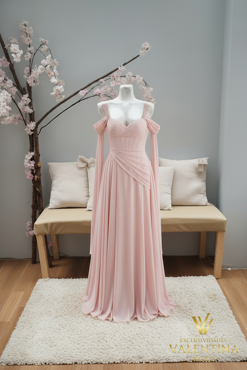 Vestido Rosa Palo Chiffon Off-Shoulder con Abertura Frontal cod.V509
