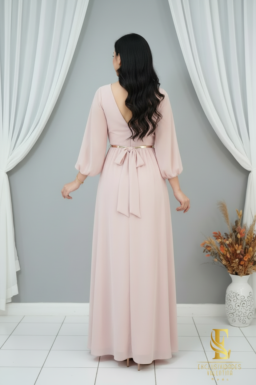 Vestido Rosa Palo Blush Largo Manga Globo Escote V Profundo Cinturón Dorado cod.V301