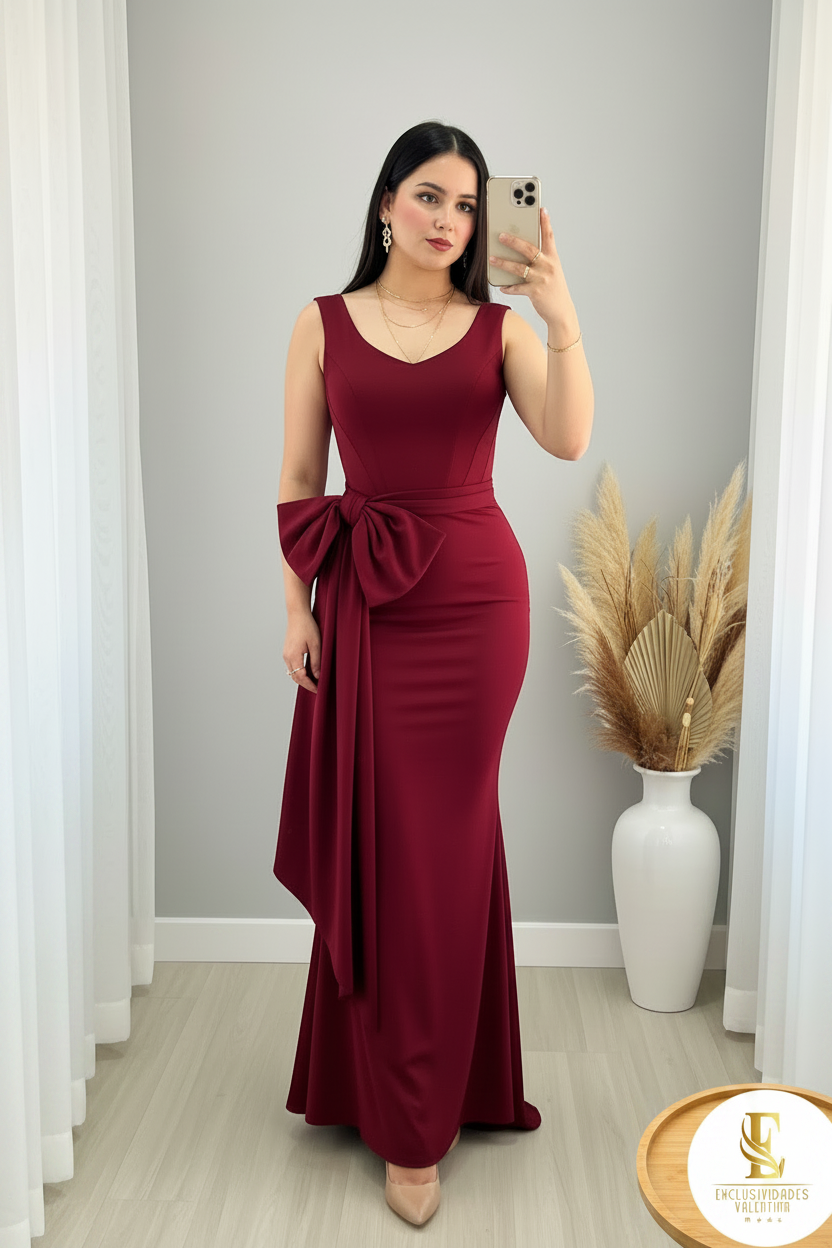 Vestido Vino Borgoña Sirena Sin Mangas Lazo Lateral cod.00177
