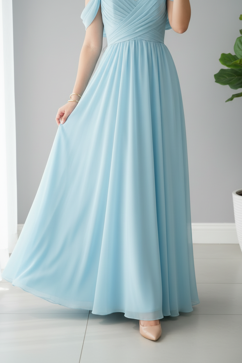 Vestido Azul Cielo Off-Shoulder Maxi Gasa cod.949