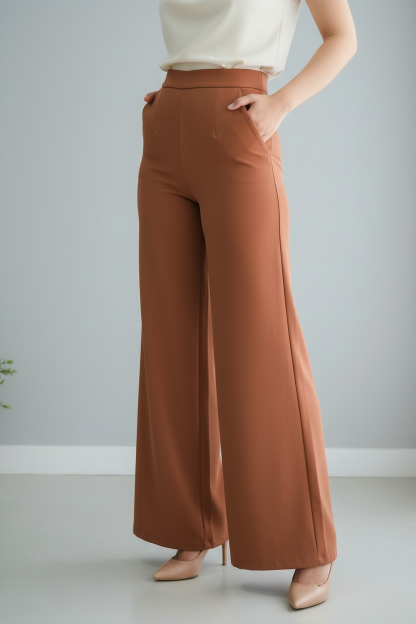 Conjunto Top Blanco Un Hombro Rosa 3D y Pantalón Palazzo Terracota cod.734