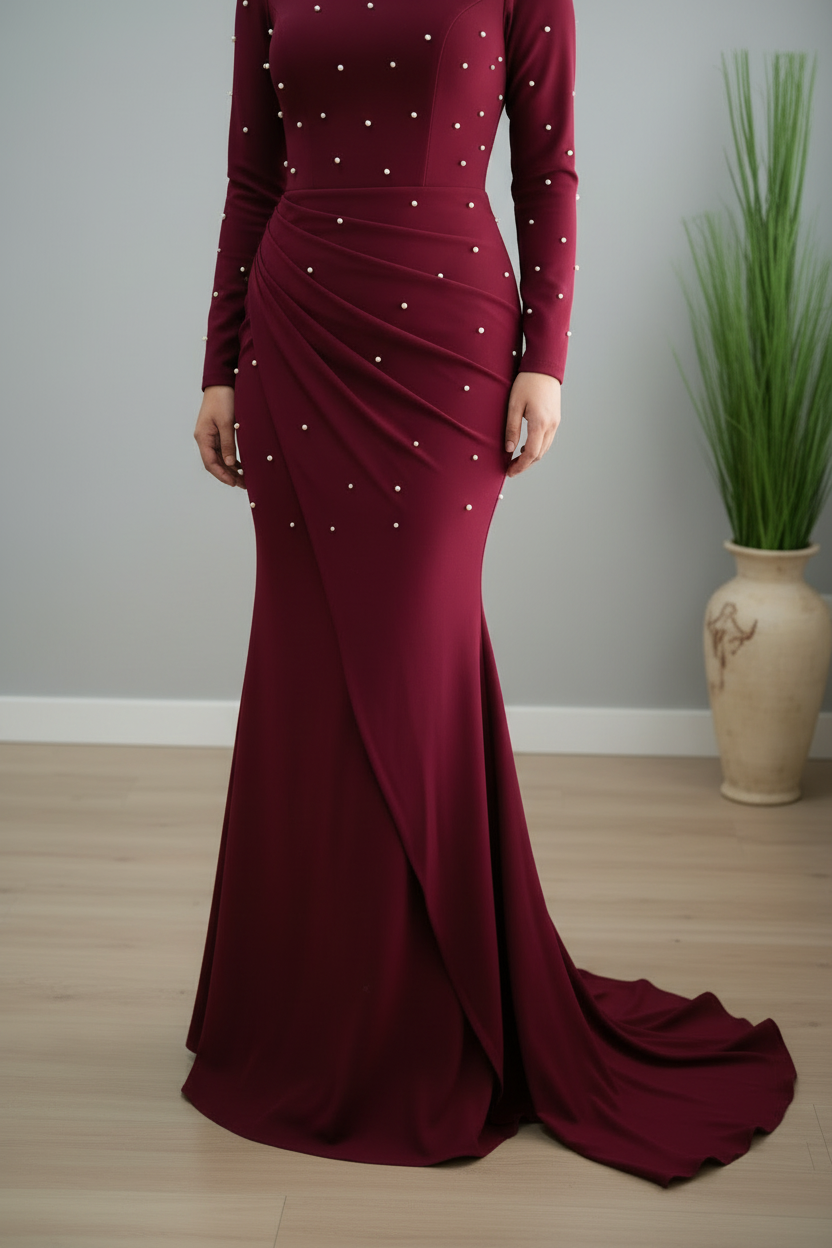 Vestido Sirena Borgoña con Perlas cod.V233