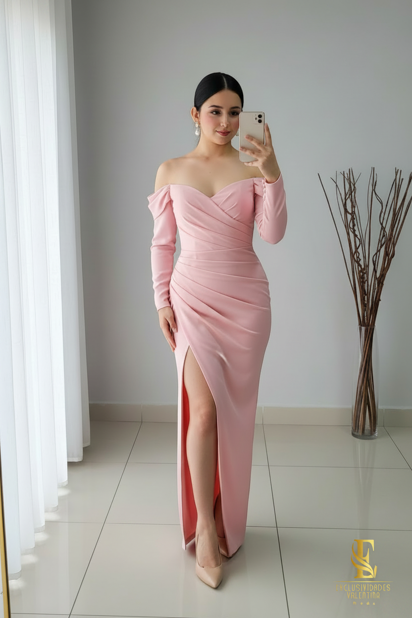 Vestido Rosado Off-Shoulder Manga Larga Drapeado cod.V346
