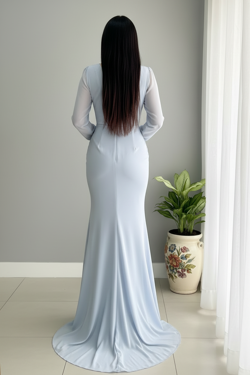 Vestido Azul Acero Manga Larga Sirena con Escote V cod.960