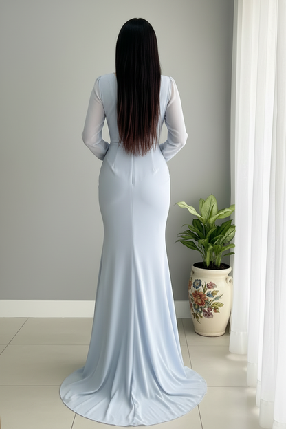 Vestido Azul Acero Manga Larga Sirena con Escote V cod.960
