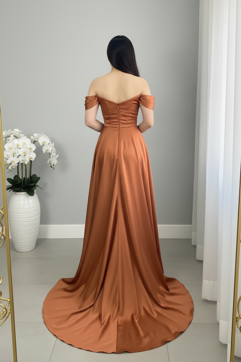 Vestido Terracota Cobre Off-Shoulder Satén Drapeado Perlas Cola Asimétrica cod.V0067