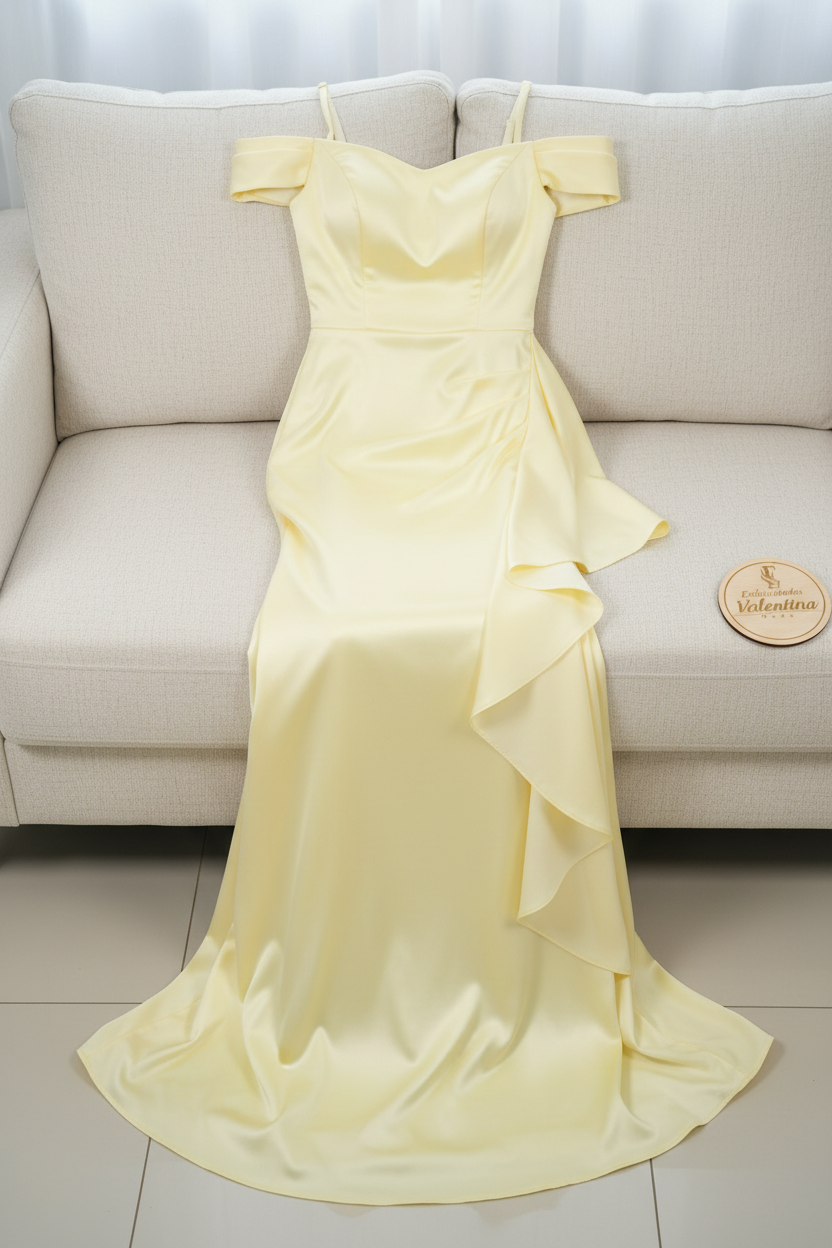Vestido Amarillo Pastel Off-Shoulder Satinado con Volante Lateral cod.724