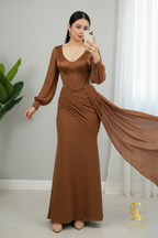 Vestido Café  con Corsét y Capa Chiffon cod.V669