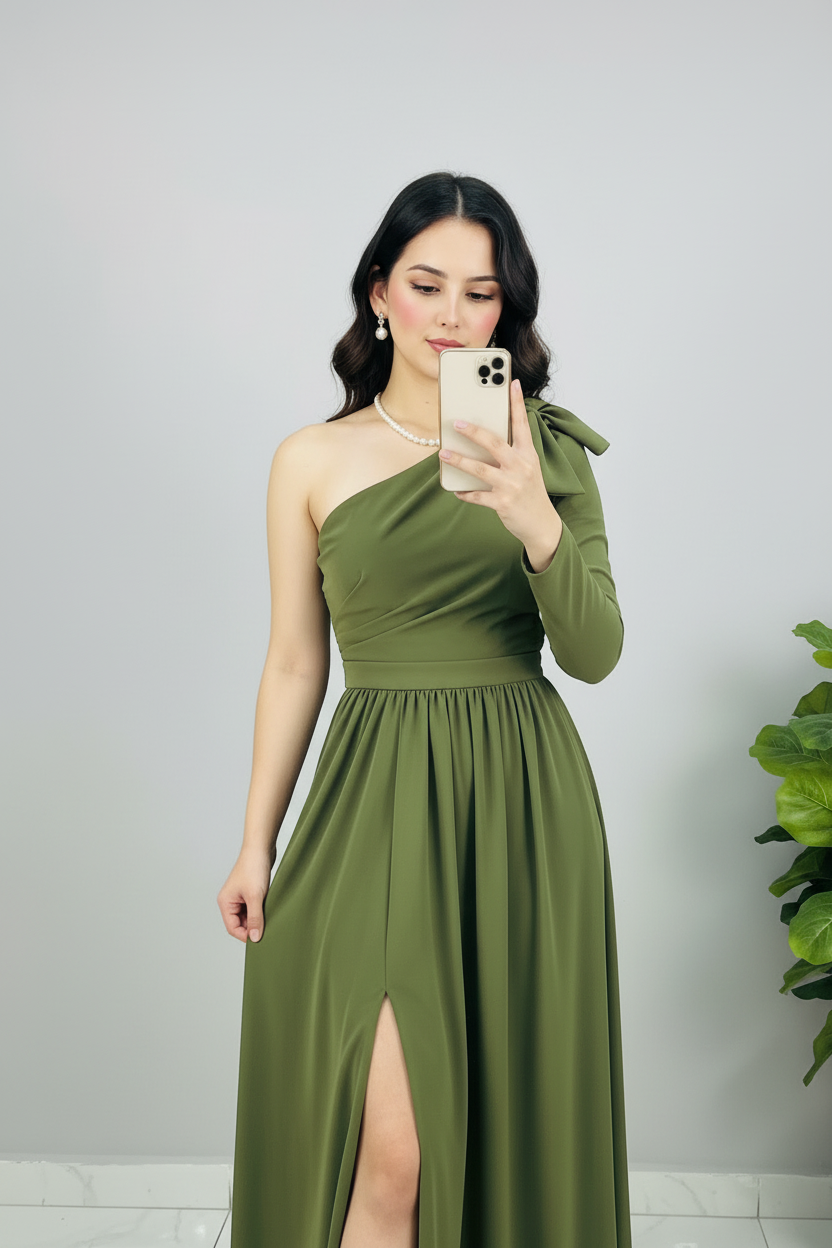 Vestido Verde Olivo Un Hombro cod.599