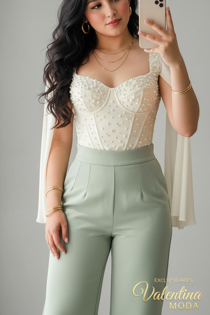 Conjunto Corset Blanco & Pantalón Verde Menta cod.C788