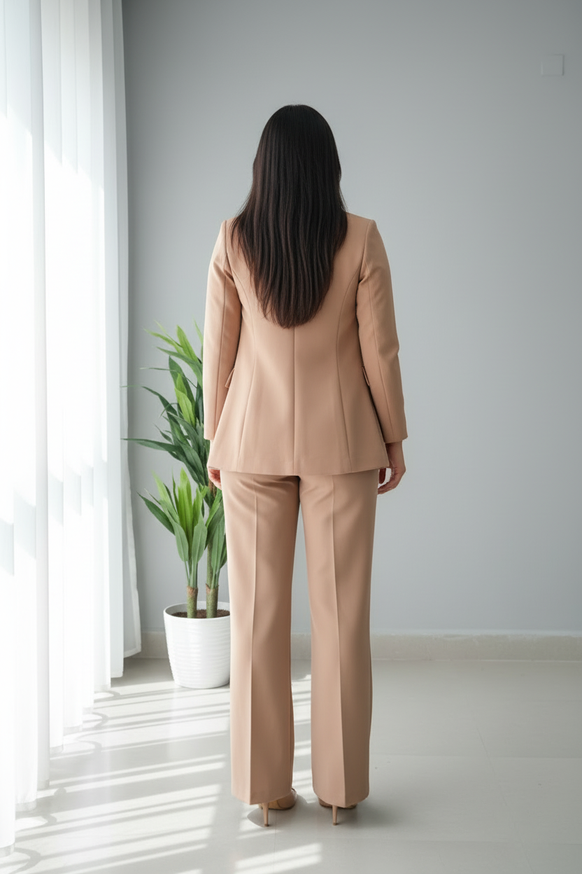 Conjunto 2 Piezas Blazer Sastre Camel y Pantalón Acampanado Tiro Alto cod.769