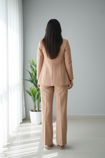 Conjunto 2 Piezas Blazer Sastre Camel y Pantalón Acampanado Tiro Alto cod.769