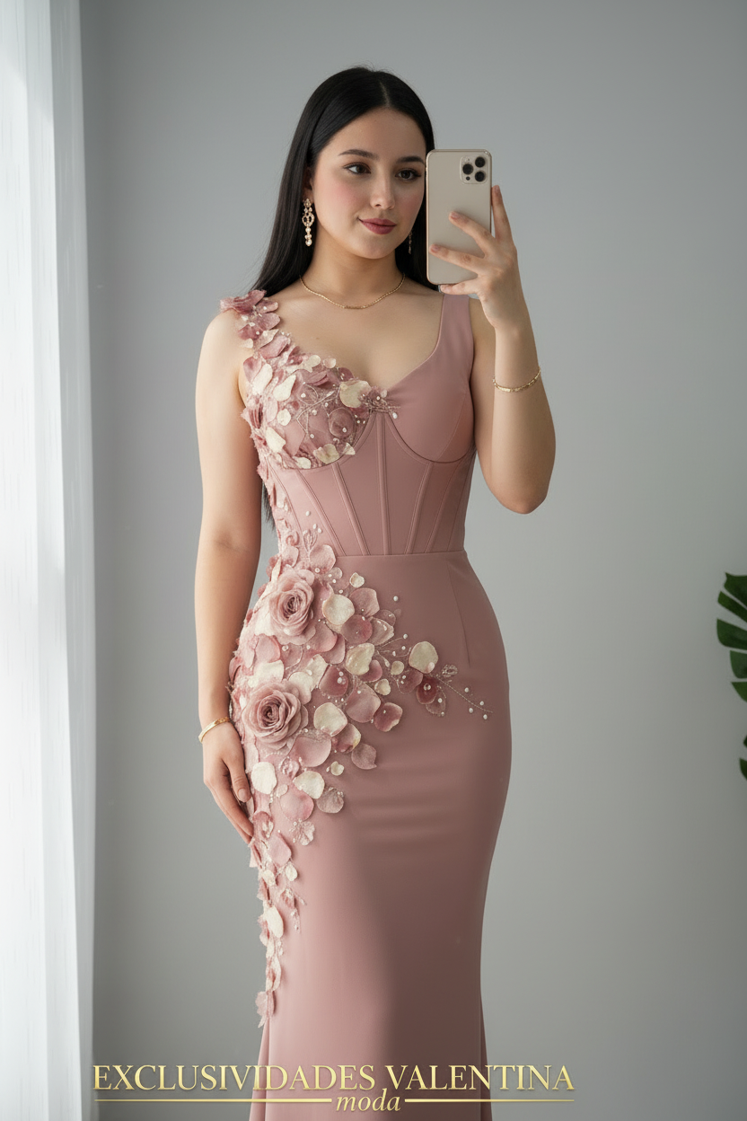Vestido Maxi Rosa Palo Sirena con Cascada de Flores y Rosas D3 cod.V860