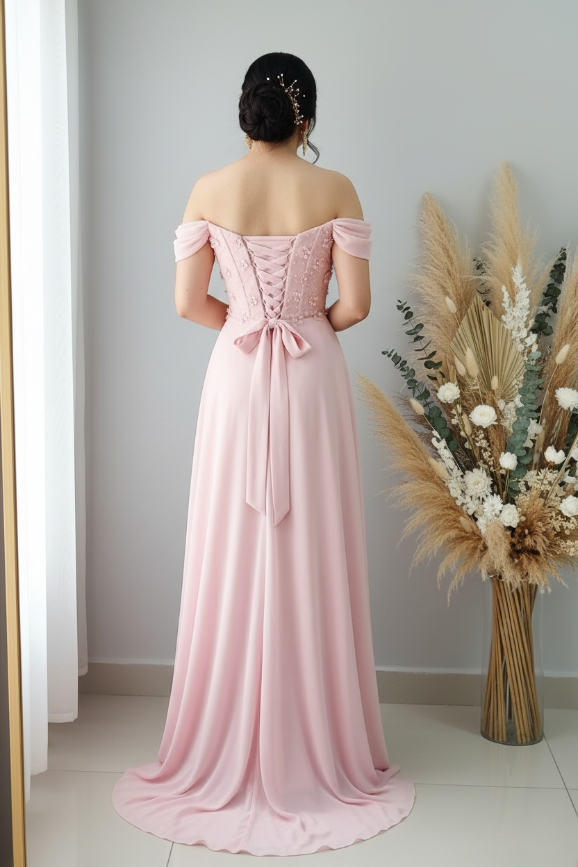 Vestido Rosa Off-Shoulder A-Line con Flores y Perlas cod.V366
