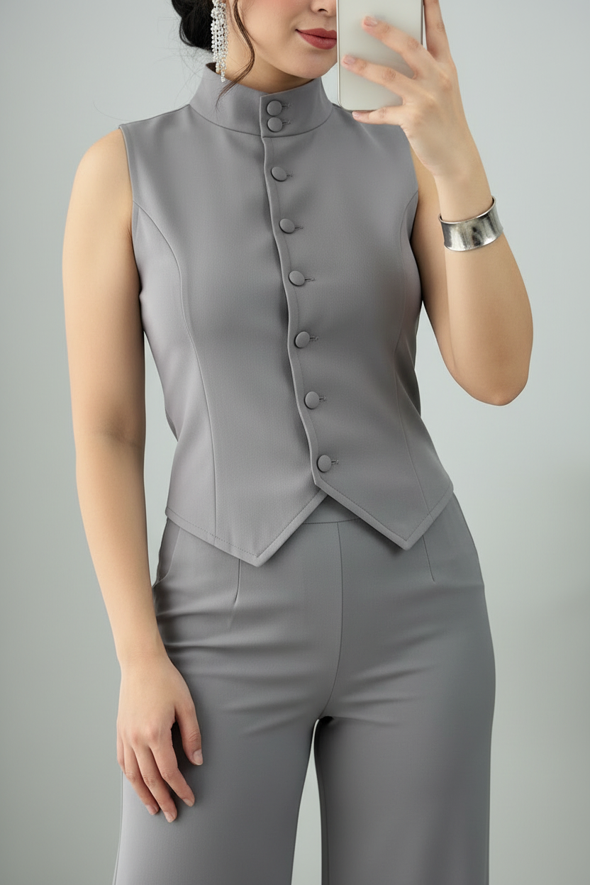 Conjunto Dos Piezas Gris Perla — Chaleco Sastre & Pantalón Palazzo cod.893