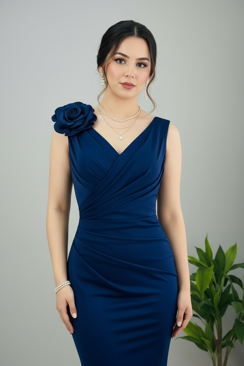 Vestido Sirena Azul Marino — Escote V Cruzado, Rosa 3D en Hombro & Cola cod.892