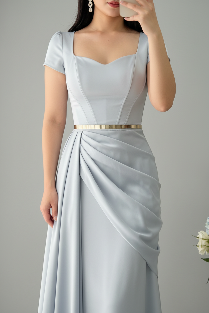 Vestido Azul Hielo Satén Manga Corta Cuello Cuadrado Cinturón Dorado Drapeado cod.V0038