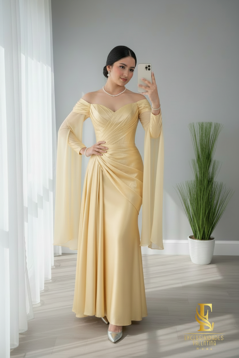 Vestido Dorado Off-Shoulder con Mangas Campana Largas cod.V673
