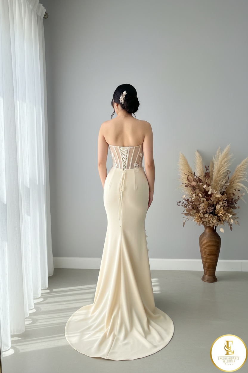 Vestido Crema Corset Floral Abertura Sirena cod.V384