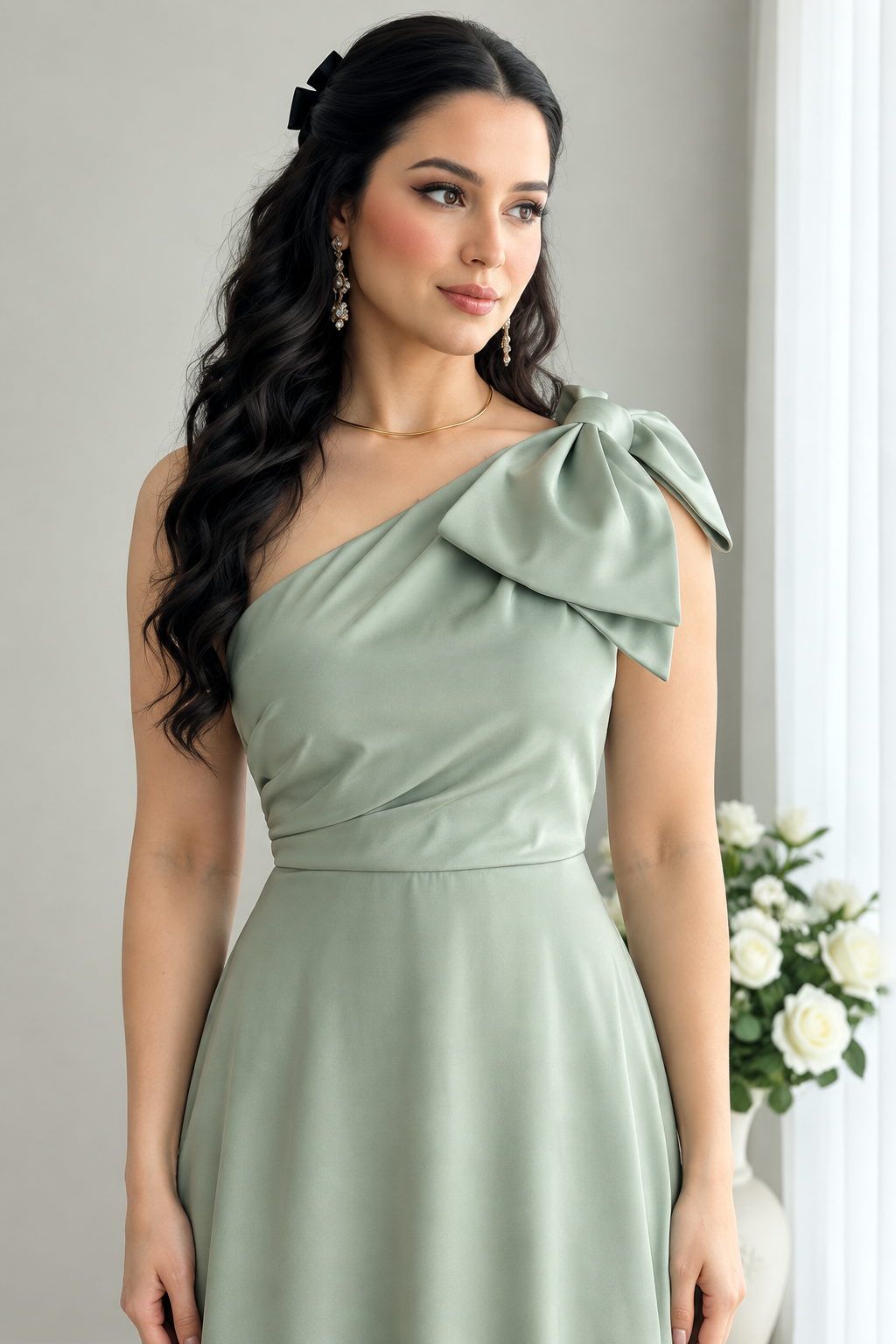 Vestido largo verde salvia de un hombro con gran lazo cod. VC015