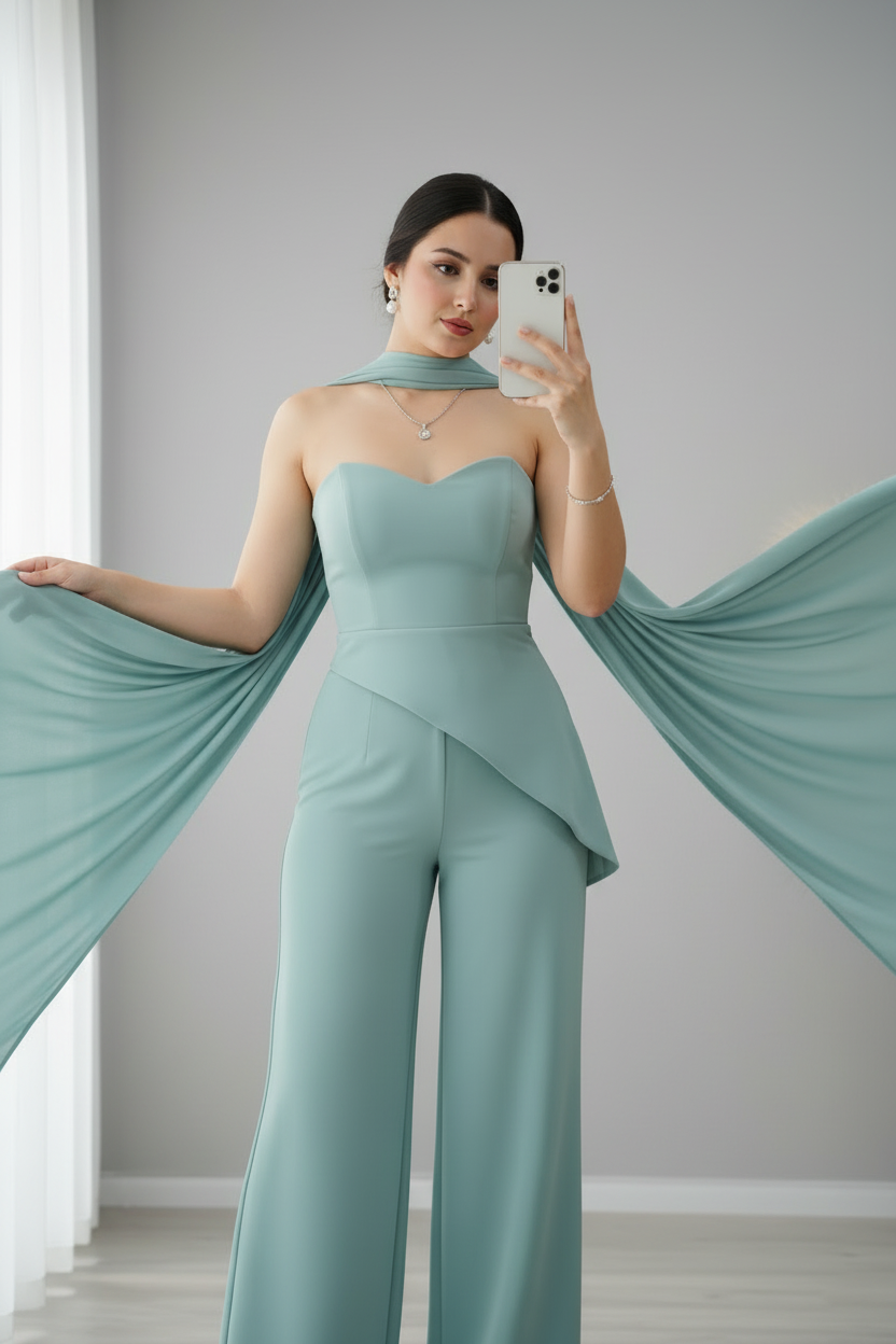 Conjunto Verde Agua — Escote Corazón Strapless, Capa Chifón & Pantalón Palazzo cod.903