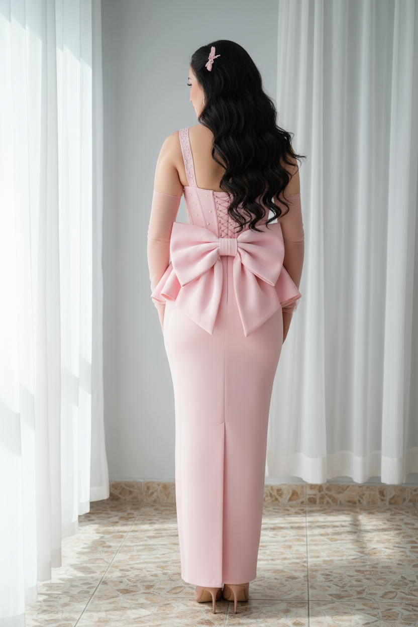 Conjunto Gala Rosa Baby Corset Perlas Peplum Doble y Lazo cod.C0033