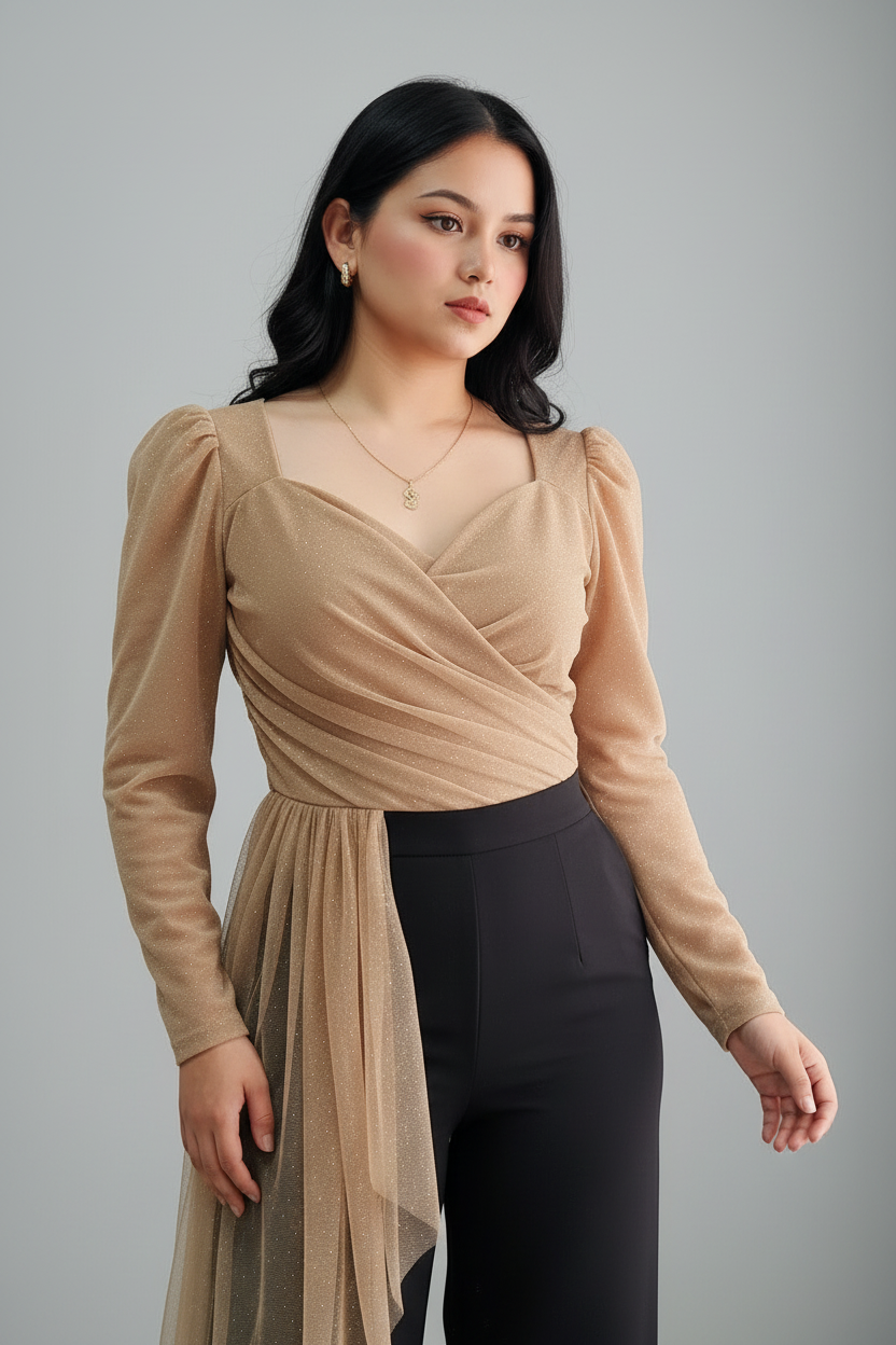 Conjunto Top Tul Dorado Cruzado Manga Abullonada y Pantalón Palazzo Negro  cod.738
