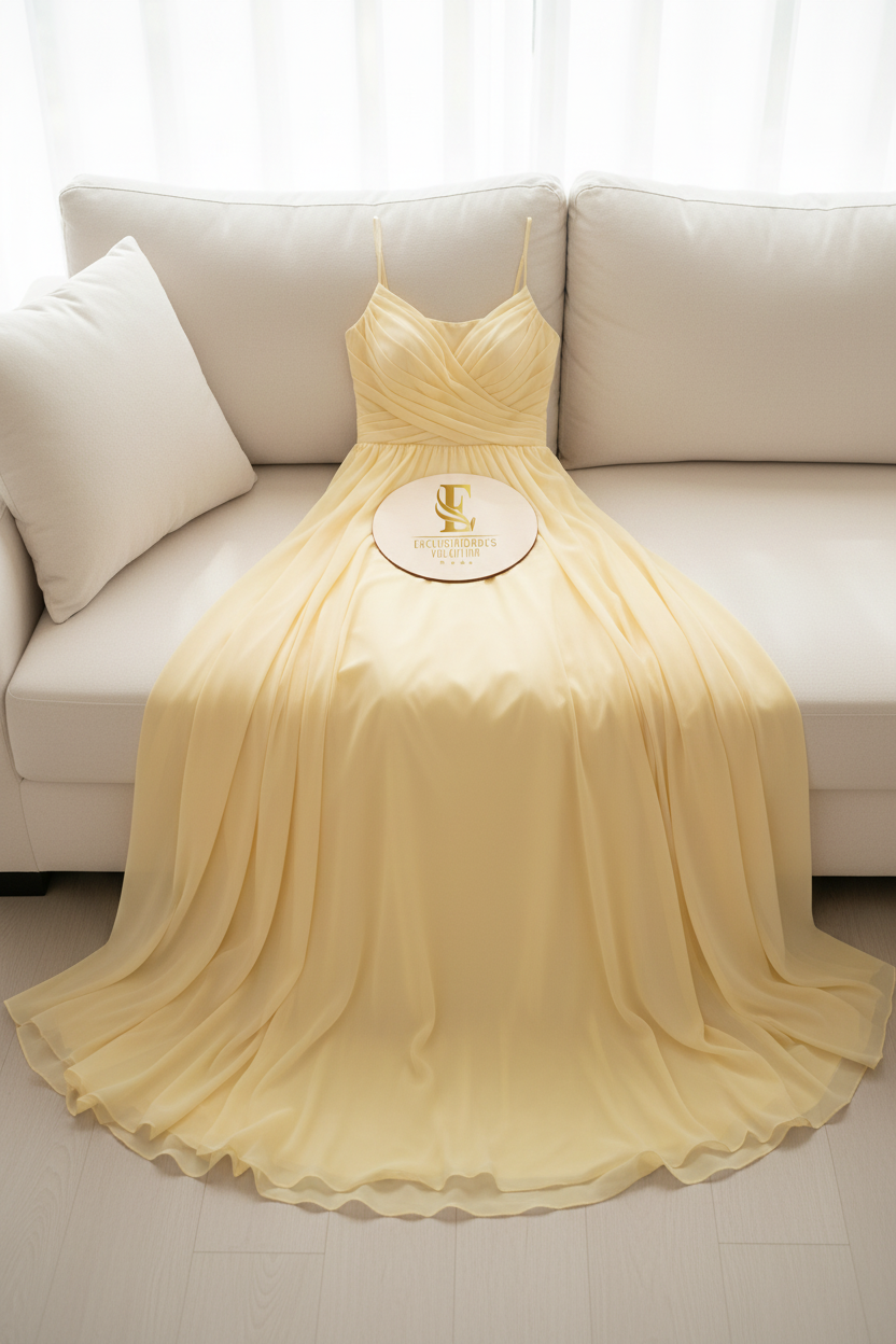 Vestido Amarillo Pastel Chifón A-Line con Tirantes y Cuerpo Drapeado cod.0078