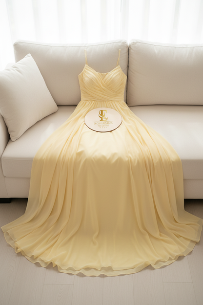 Vestido Amarillo Pastel Chifón A-Line con Tirantes y Cuerpo Drapeado cod.0078