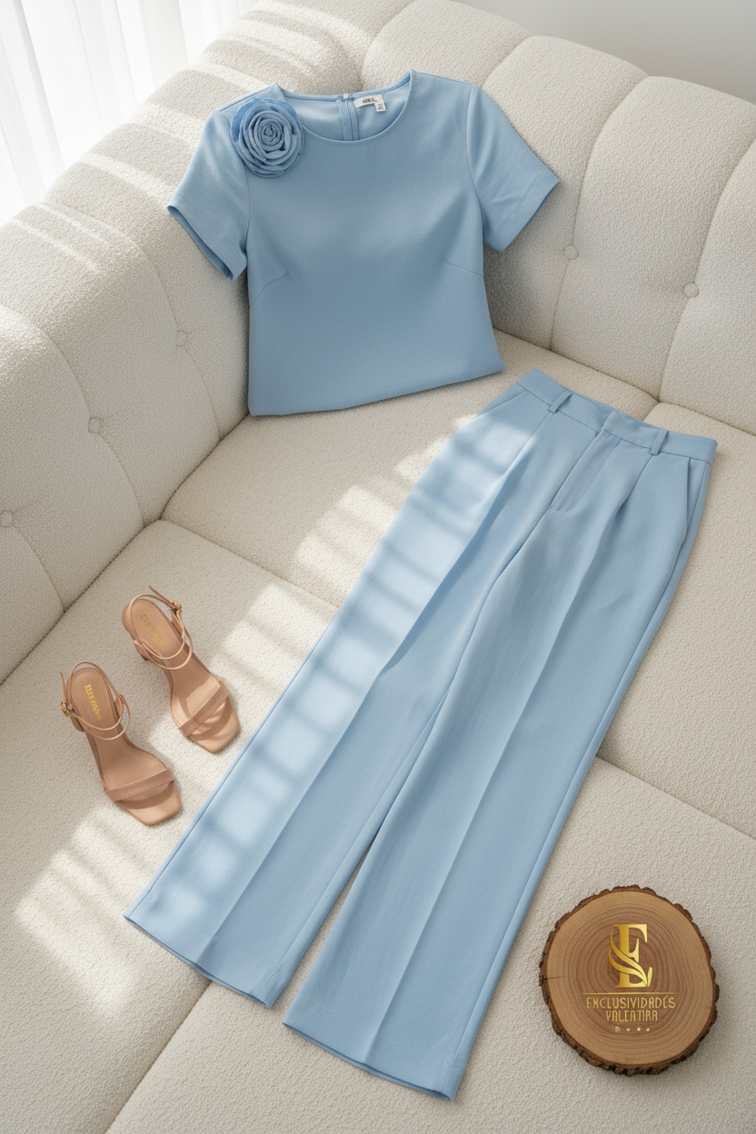 Conjunto Sky Blue Rose & Palazzo cod.576