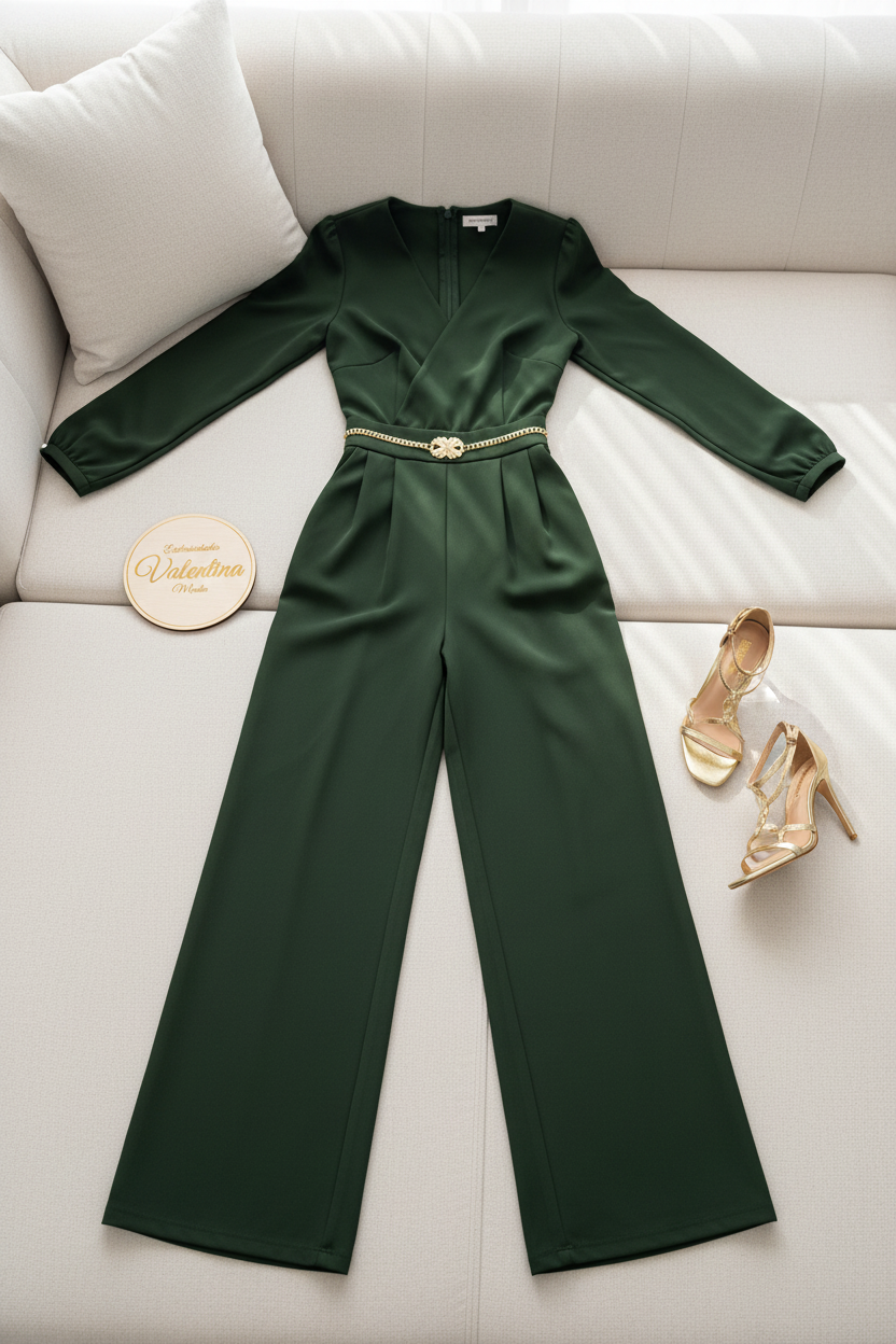 Conjunto Verde Oscuro Escote V con Cinturón Dorado cod.00126