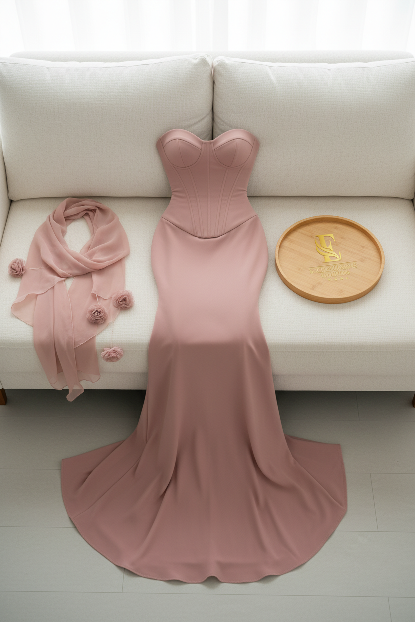 Vestido Rosa Palo Corsé con Chalina Gasa cod.0016