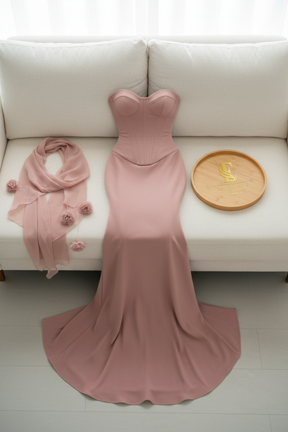 Vestido Rosa Palo Corsé con Chalina Gasa cod.0016