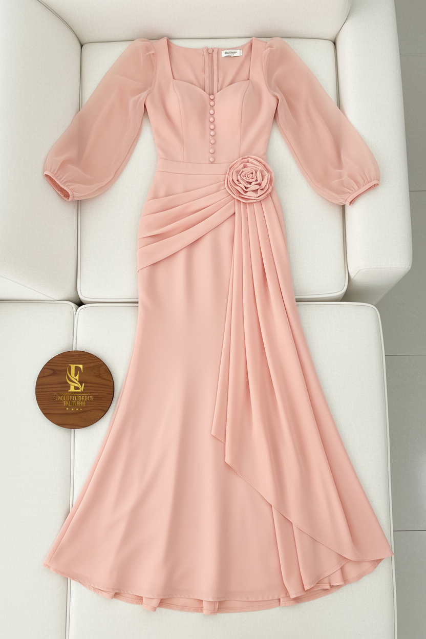 Vestido Sirena Rosa Palo — Escote Corazón, Botones Dorados, Manga Tul & Rosa 3D Cintura cod.887