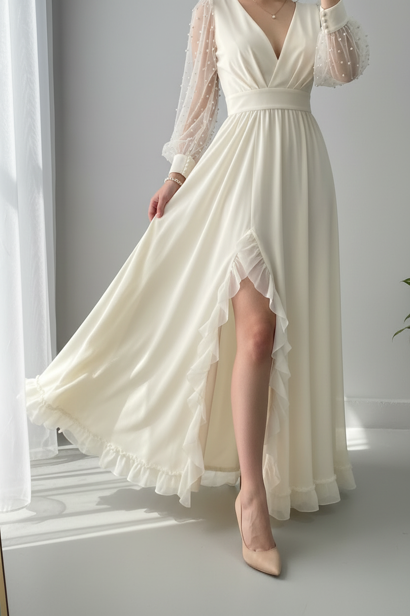 Vestido Blanco Crema Manga Tul Perlas Escote V Wrap Falda Asimetrica Volantes cod.834