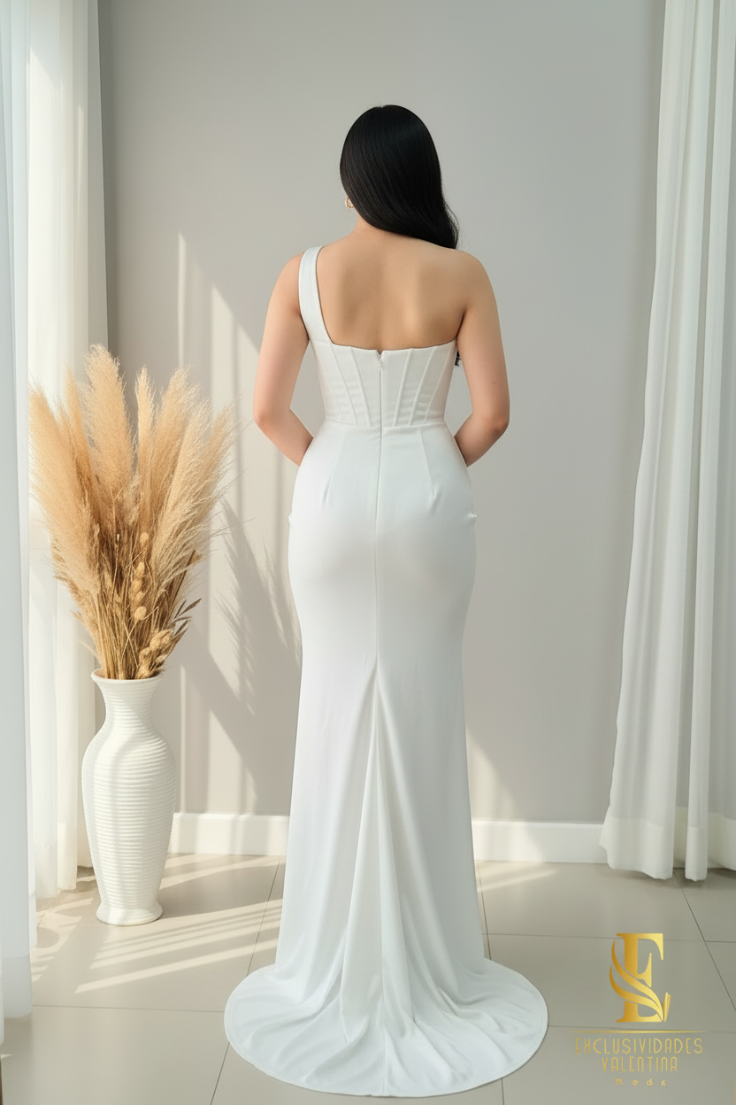 Vestido Blanc One Shoulder Rose Sirena cod.V225