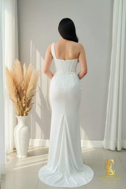 Vestido Blanc One Shoulder Rose Sirena cod.V225