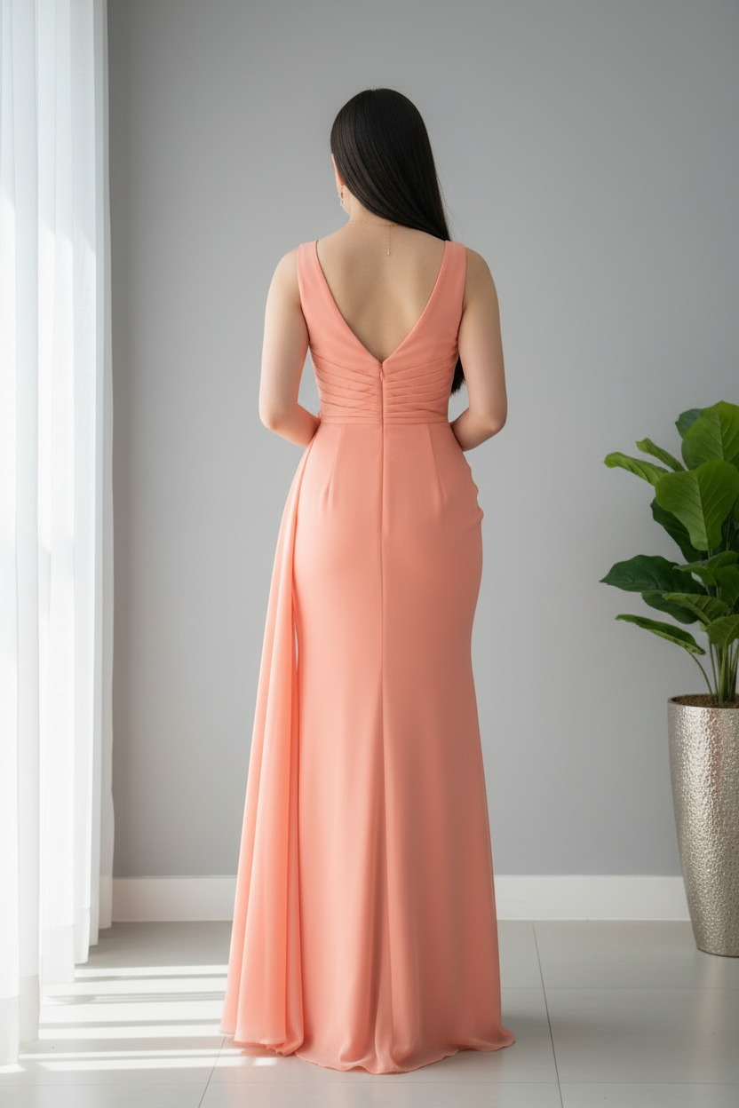 Vestido Coral Salmón Sin Mangas con Rosa 3D y Panel de Gasa cod.973