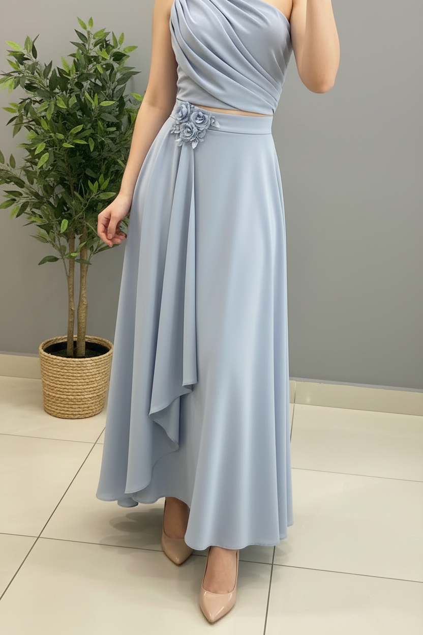 Conjunto Steel Blue Rose – Top Un Hombro Drapeado con Rosas 3D + Falda Asimétrica cod.684