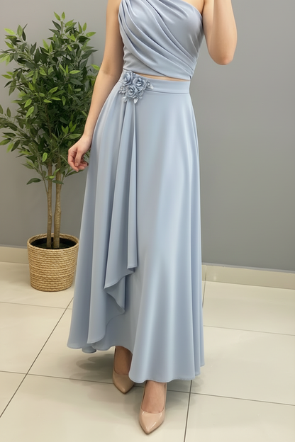 Conjunto Steel Blue Rose – Top Un Hombro Drapeado con Rosas 3D + Falda Asimétrica cod.684