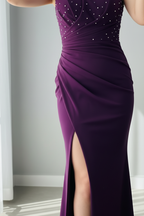 Vestido Morado Uva Un Hombro Rosa 3D Corsé Perlas cod.V0060